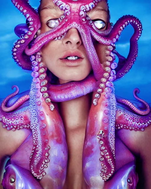 Prompt: natural light, soft focus portrait of a cyberpunk anthropomorphic octopus with soft synthetic pink skin, blue bioluminescent plastics, smooth shiny metal, elaborate ornate head piece, piercings, skin textures, by annie leibovitz, paul lehr