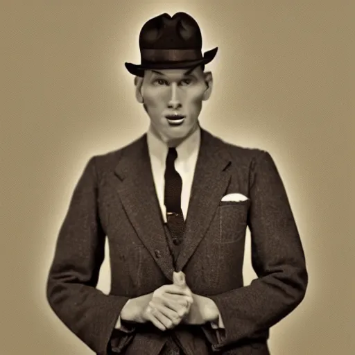 Image similar to A photograph portrait of Jerma985 wearing a suit with and fedora in the 1940s, taken in the early 1940s, grainy, taken on a 940s Kodak Camera, realistic, hyperrealistic, very realistic, highly detailed, very detailed, extremely detailed, detailed, digital art, trending on artstation