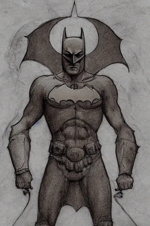 Image similar to vitruvian batman by leonardo da vinci, pencil sketch, sepia background, detailed, proportional, trending on art station, 4k