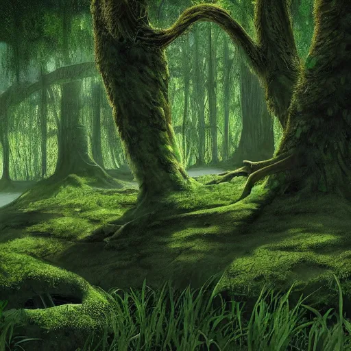 Prompt: [ [ mossy swamp ] ] : : [ disney animation ] : : fantasy, epic : : realistic lighting, shading, shadows : : glowing green : : [ [ biopunk art ] ] : : 8 k
