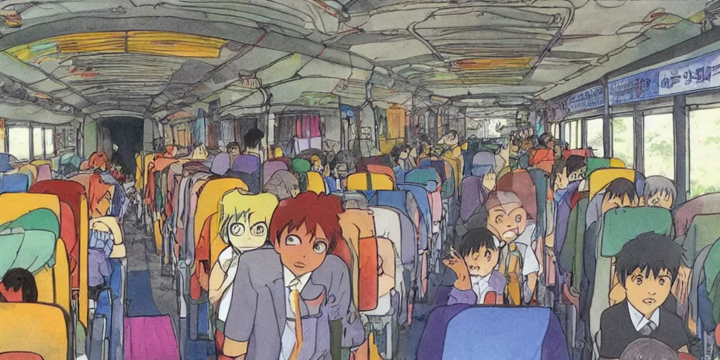 Image similar to inside sri lankan bus, drawn by hayao miyazaki