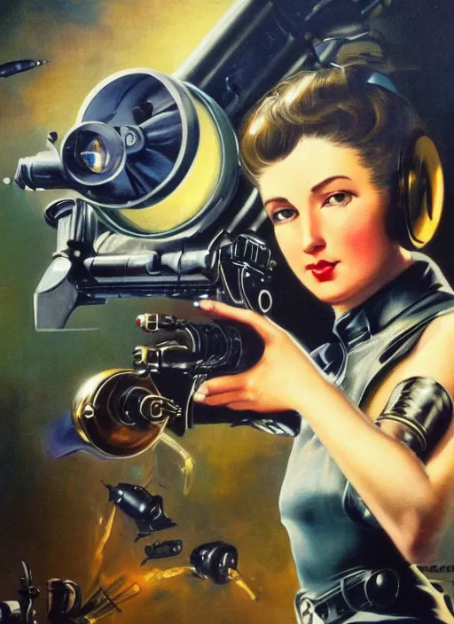 Image similar to a vintage Raypunk painting of a woman holding a raygun blaster, subsurface scattering, life like, intricate detail, 4K HD