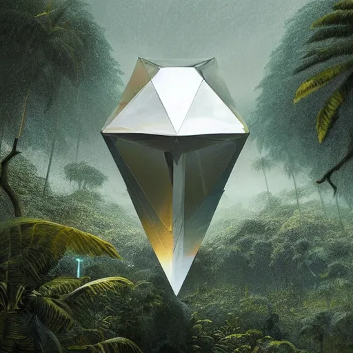 Prompt: peter tarka, minimalistic, hyperrealistic surrealism, award winning masterpiece with incredible details, epic stunning, a highly reflective chrome octahedron with lights coming out of the bottom in the middle of a tropical rainforest, alien structure, highly detailed, trending on ArtStation, artgerm and greg rutkowski and alphonse mucha, daily deviation, IAMAG