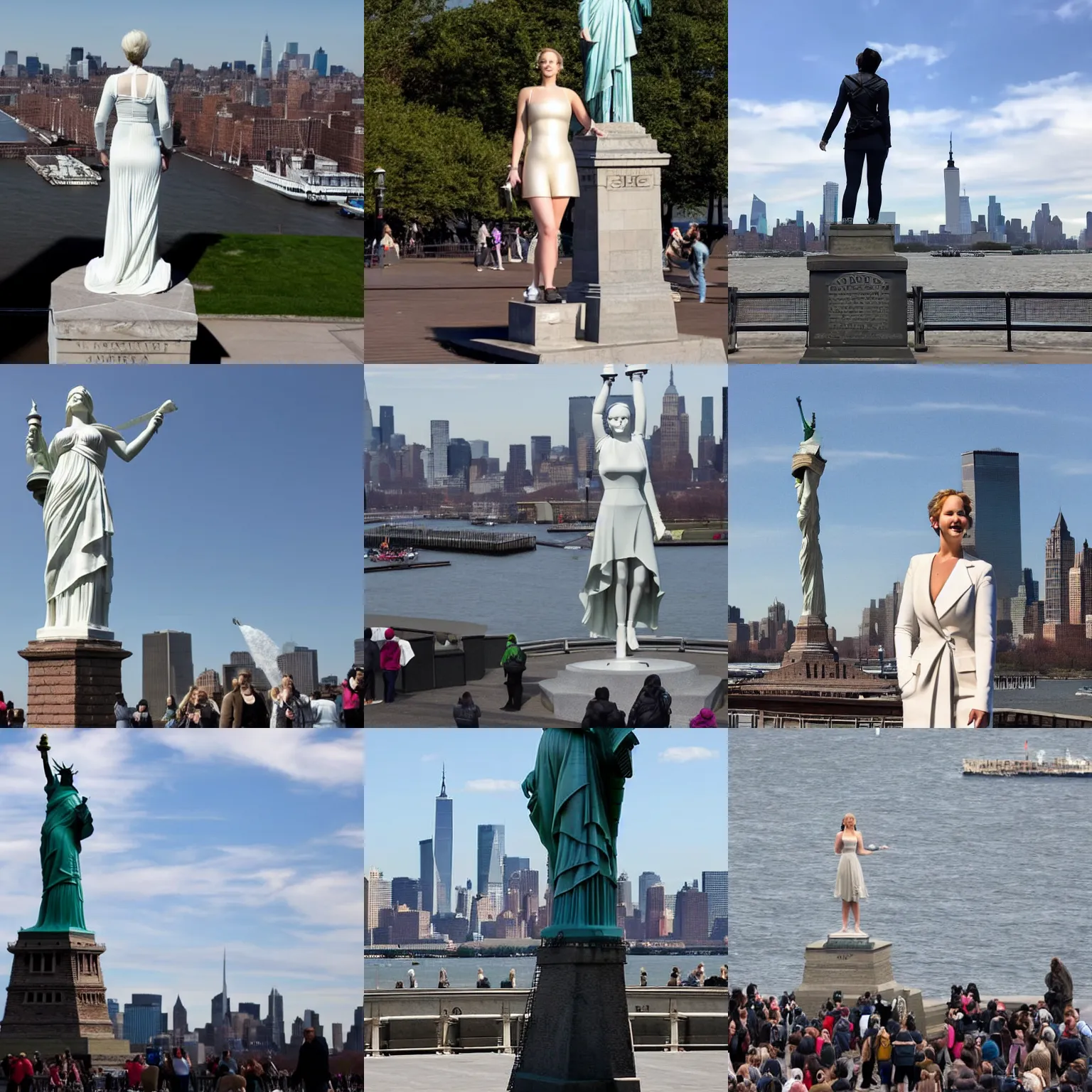 Prompt: A giant 46-meter tall Jennifer Lawrence, standing on a pedestal on Liberty Island, New York harbour