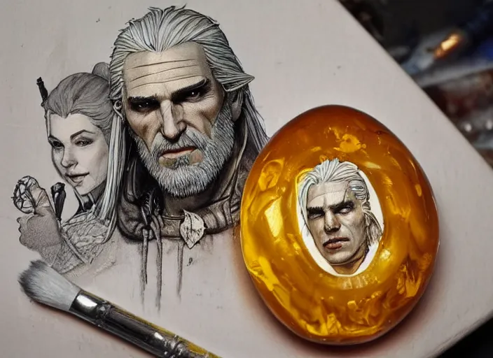 Image similar to geralt of rivia painting carved in amber by chiara bautista and norman rockwell and greg rutkowski weta studio