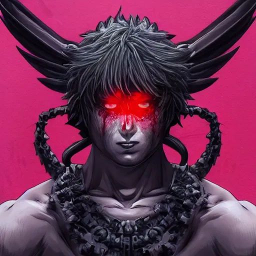 Image similar to 4K headshot portrait of godlike Ninja with defined arms and open hands and bloody clothes with giant mandala wings , intricate face , flawless anime cel animation by Kentaro Miura, psychedelic , highly detailed upper body , professionally post-processed , beautiful, scary, symmetry accurate features, epic, octane rendered, anime masterpiece, accurate by Craig Mullins, ilya kuvshinov, krenz cushart, epic , artgerm trending on artstation by Edward Hopper and Dan Mumford and WLOP and Rutkovsky, beksinski carl spitzweg moebius and tuomas kocar, intricate artwork by caravaggio, Unreal Engine 5, Lumen, Nanite