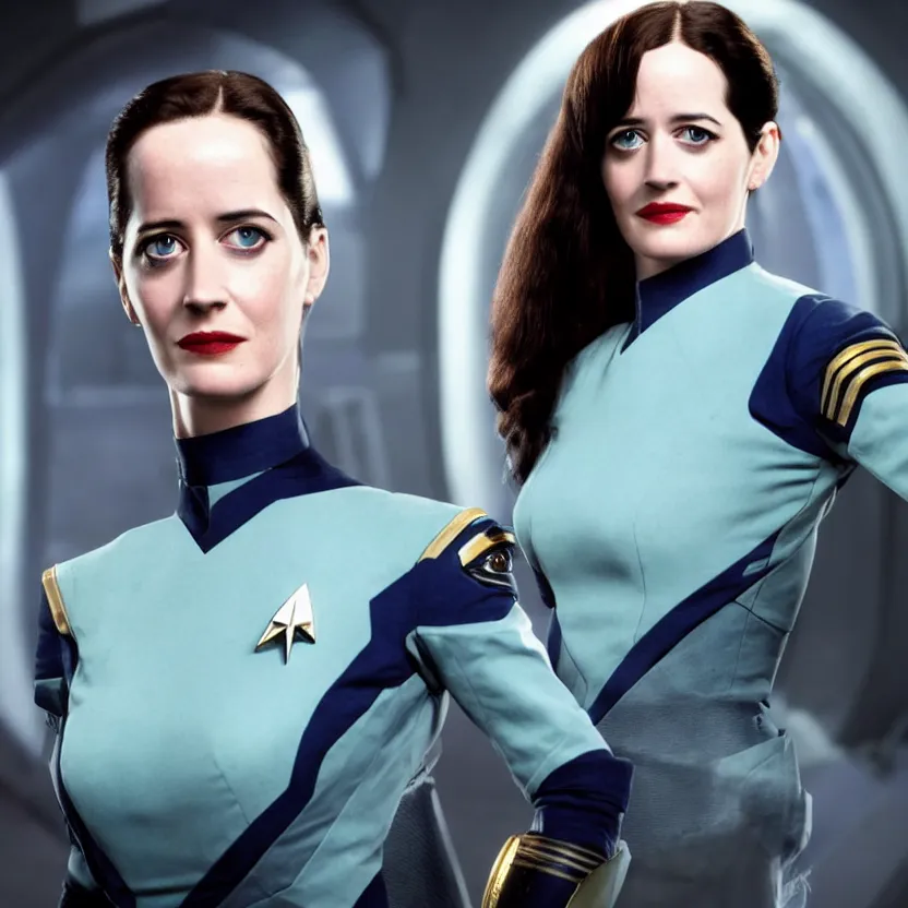 Image similar to a full body photograph of 3 0 year old eva green as a star fleet officer from star trek next generation, ultra rendered, extreme realism and detail, 8 k, highly detailed, realistic, completely framed, hyper realistic, colorful, direct lighting, 3 5 mm photo, photorealistic, sharp focus