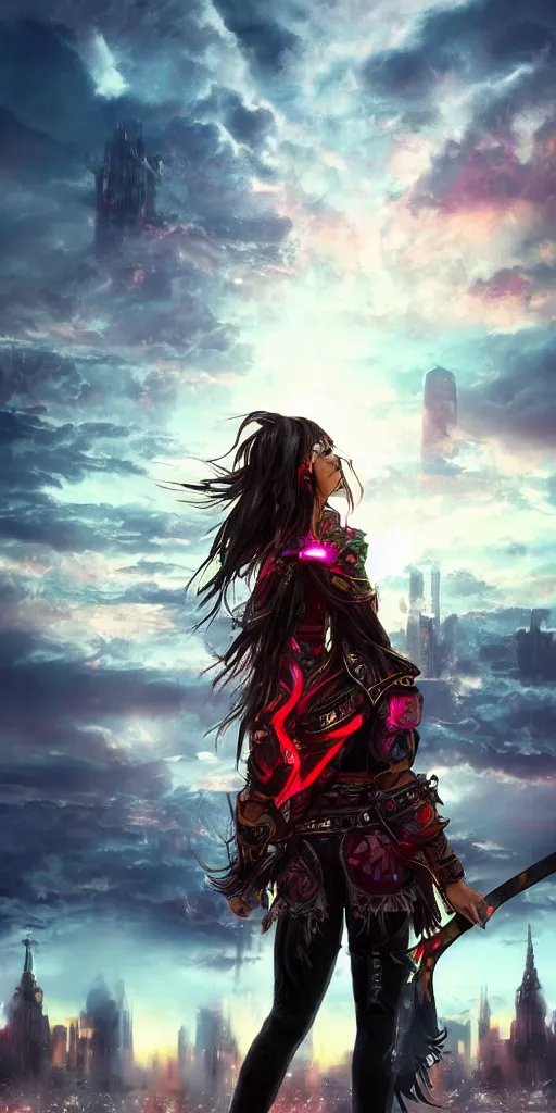 Prompt: back shot of one beautiful girl warrior in punk jacket gazing back into distance land, holding two swords, the swords glows in neon red. standing on wet road, digital art by wlop. artstation contest winner, cinematic paint. lower shot. dramatic cloud and ruined city in background.