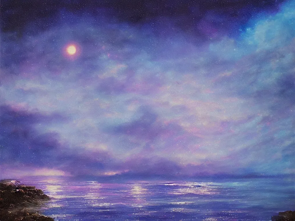 Prompt: a beautiful magical moonlit blue and purple landscape full of ethereal sparkling glowing blue lights with a beautiful galaxy sky and a glistening glittery ocean, soft lighting, ultra high detail, oil on canvas, HD, by Gilbert Williams