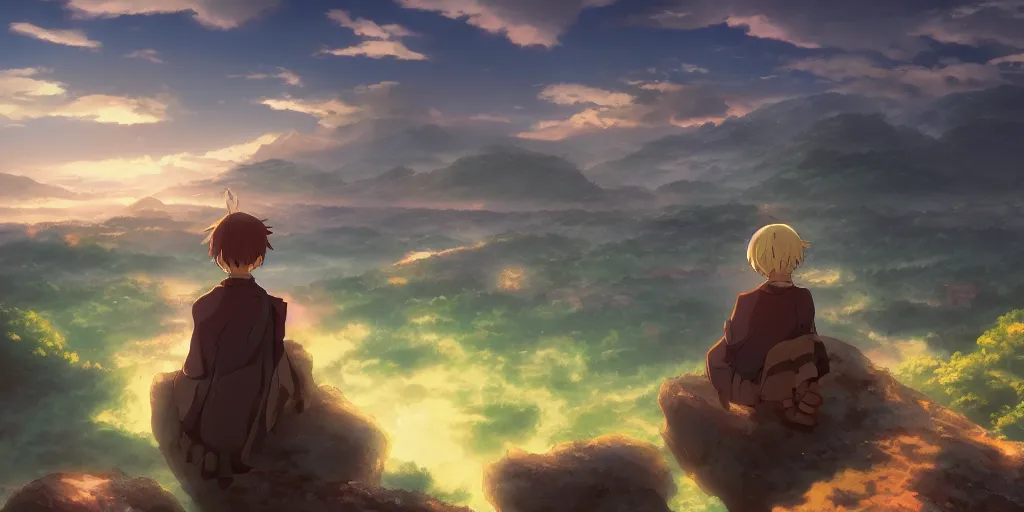 Image similar to isekai masterpiece anime boy sitting on a rock off to the side looking down upon fantasy floating sky town, during dawn, cinematic, very warm colors, intense shadows, anime illustration, anime screenshot composite background