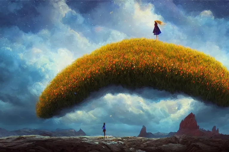 Image similar to giant corn flower as a head, girl standing on cliff, surreal photography, stars, dramatic light, impressionist painting, storm clouds, digital painting, artstation, simon stalenhag