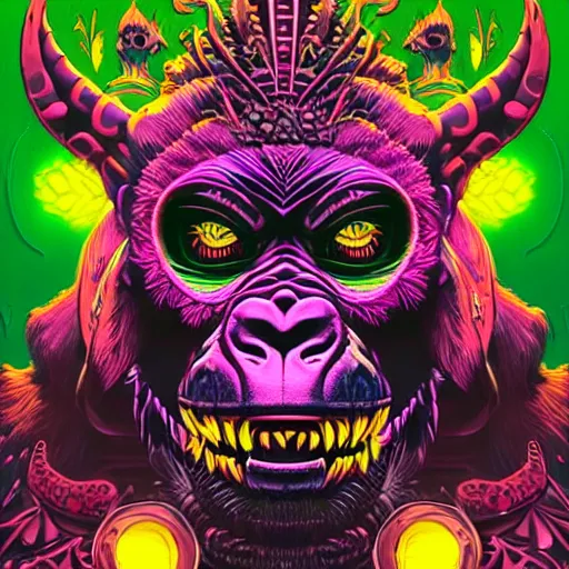 Prompt: barong family member, wiwek, mara demon, one single tribe member, jungle, one single mask, dark, ancient warrior, gorilla, lizard, tribal, fists visible, colors pink violet green yellow, inner glow, art by dan mumford and justin gerard