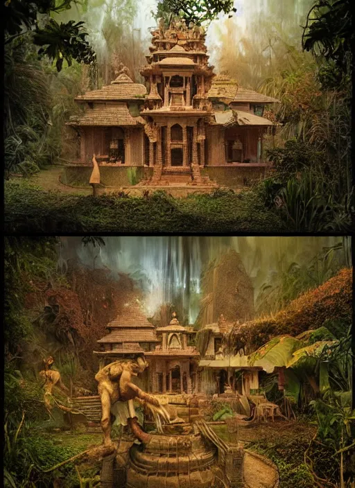 Prompt: 8 k concept art from a hindu temple lost in the jungle by david mattingly and samuel araya and michael whelan and dave mckean and richard corben. realistic matte painting with photorealistic hdr volumetric lighting. composition and layout inspired by gregory crewdson.