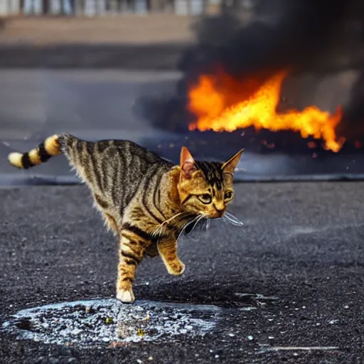 Prompt: a tabby cat jumping over a puddle of oil, reflections, destruction and fire in background, ash in the wind, intense