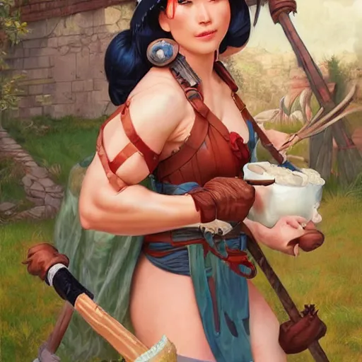 Image similar to a portrait of a cartoon character that has been brought to the real world, a a barbarian with a kind heart, the setting is a normal suburban backyard by Huang Guangjian and Gil Elvgren and Sachin Teng, 8k,