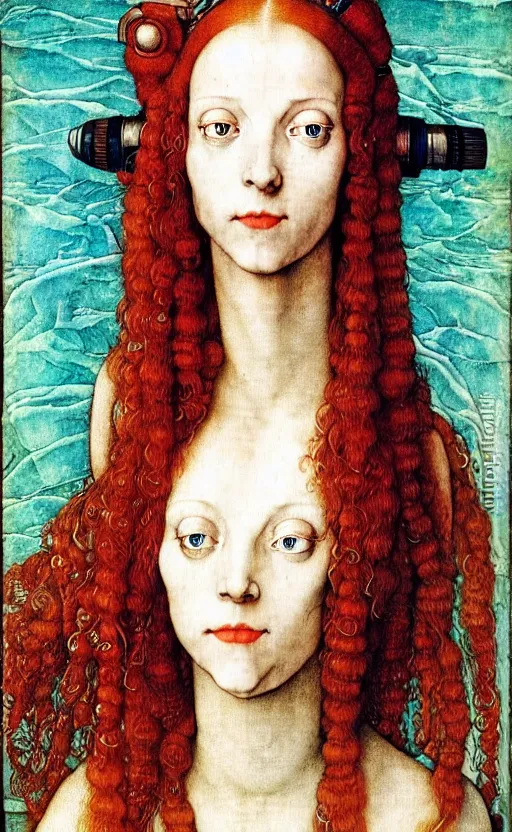 Image similar to portrait of a robot girl with long red hair and tattoo, under water, very beautiful enga style, girl wrapped in color, photorealism albrecht durer george copeland ault