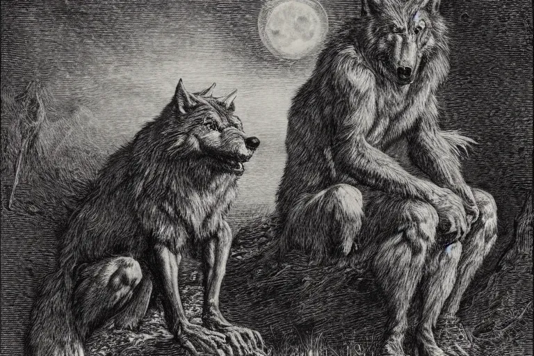 Image similar to werewolf portrait, Gustave Dore lithography