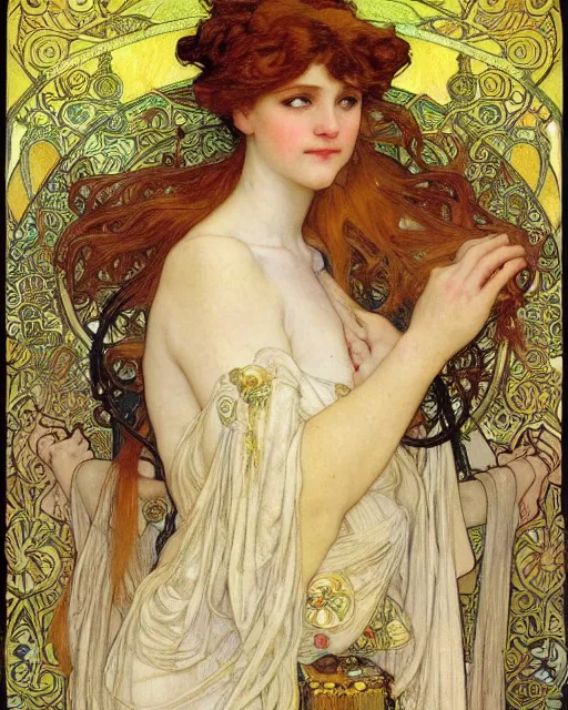 Image similar to an elf princess by Alphonse Mucha, Gustav Klimt and edgar maxence