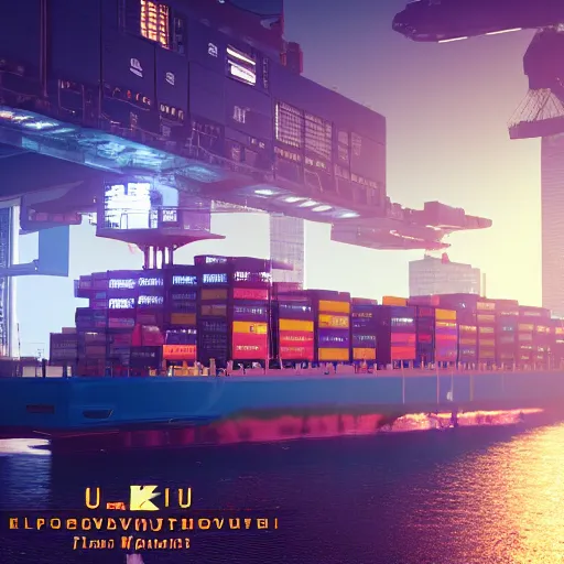 Image similar to an anti-gravity (futuristic container vessel) hovering at port in Night City Cyberpunk 2077, muted cyberpunk style, tranquil, steady, atmospheric, sweltering, autochrome, 8k, reflections, octane render, unreal engine 5