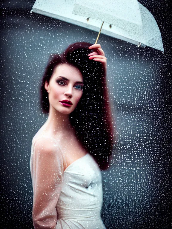 Image similar to kodak ektar 1 0 0 photo of a beautiful woman, lucy rosiek style 3 / 4, surrounded by rain in style of valeria lobbia, 1 5 0 mm lens, f 1. 2, elegant, highly detailed, sharp focus, head in focus, soft blur background, matt dreamy colours, volumetric lighting, hyper realistic