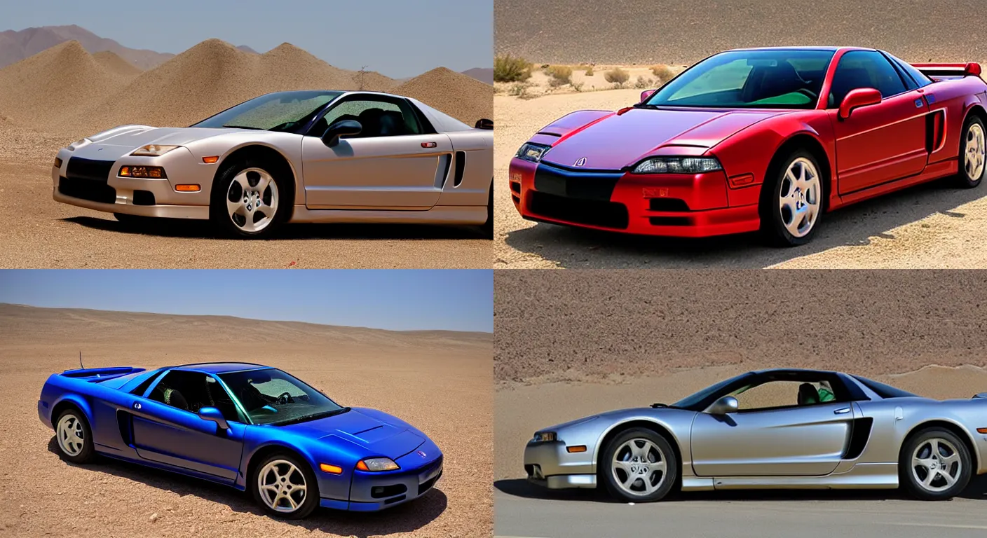 Prompt: a wrecked 2 0 0 5 acura nsx, abandoned in a desert, dusty, damaged, some rust