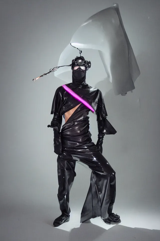 Prompt: androgynous ninja shaman tunic made of latex, radio goggles, techwear, iridiscent fabric, cinematic lighting at night, wet floors, neon, boris vallejo, masterpiece