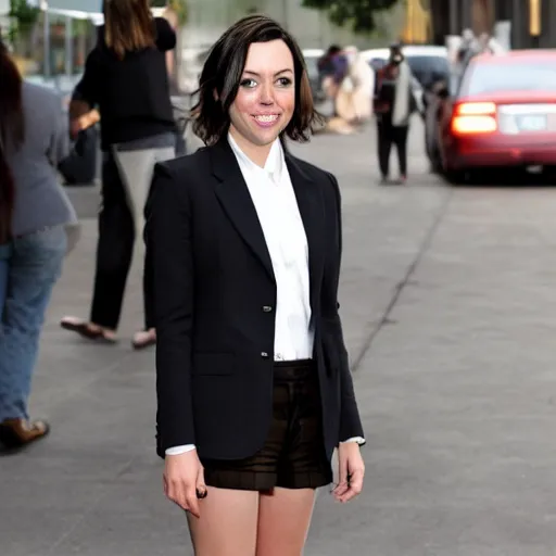 Image similar to aubrey plaza standing in a plaza