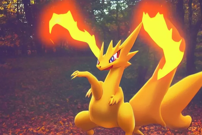 Image similar to real life charizard pokemon, cute!!!, adorable!!!, playful!!!, happy!!!, cheeky!!!, mischievous!!!, ultra realistic!!!, autumn, clear weather, golden hour, sharp focus