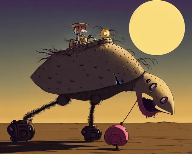 Image similar to a cell shaded cartoon giant grey lovecraftian mechanized ostrich from howl's moving castle ( 2 0 0 4 ), with a big head, on a desert road, wide shot, sunset, golden hour, muted colors, post grunge, josan gonzales, wlop, by james jean, victor ngai, hq, deviantart, art by artgem