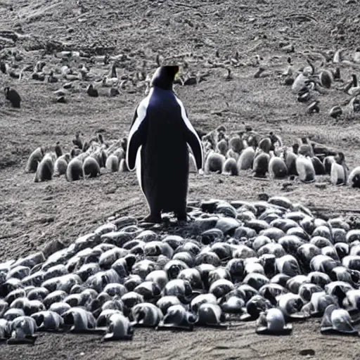 Prompt: penguin emperor on a hill of skulls