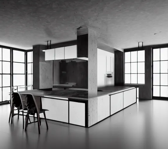 Image similar to brutalist black house kitchen with 2 islands interior design minimalist organic, organic architecture furniture open space high quality octane render blender 8 k