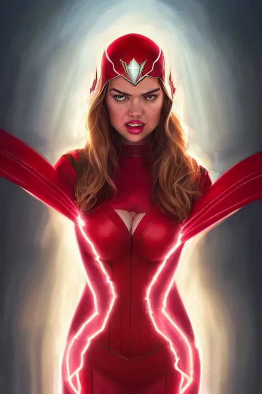 Image similar to kate upton as scarlet witch, realistic portrait, symmetrical, highly detailed, digital painting, artstation, concept art, smooth, sharp focus, illustration, cinematic lighting, art by artgerm and greg rutkowski and alphonse mucha