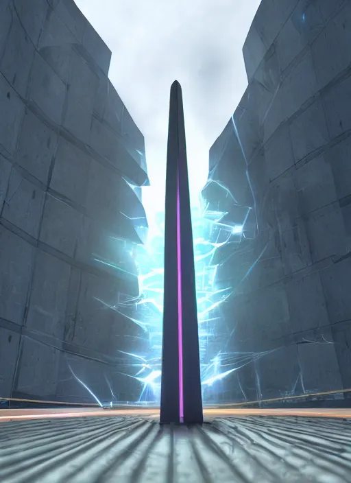 Image similar to highly detailed photo of a high tech futuristic tall stele standing on the road ring made in unreal engine 4