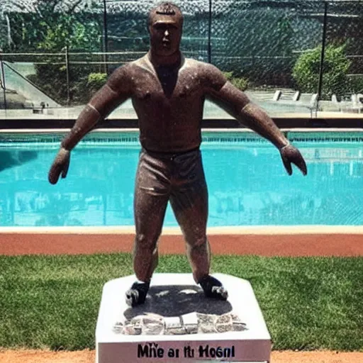 Image similar to “a realistic detailed photo of a guy who is named Mike Trout a baseball player, frozen like a statue, with shiny skin, by a pool, on display”