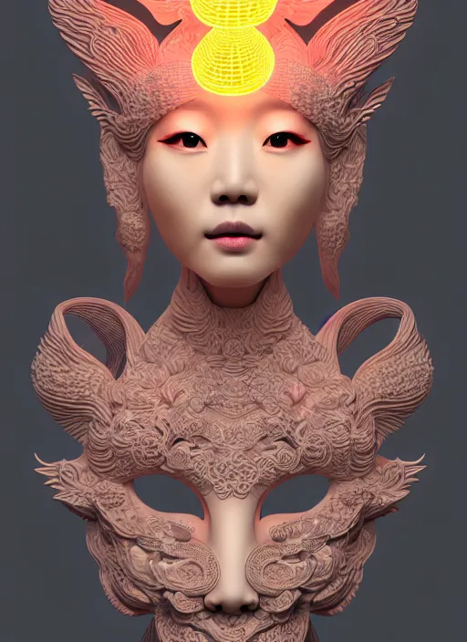 Image similar to 3 d goddess medium shot profile portrait. beautiful intricate highly detailed korean gumiho mask and traditional korean hanbok. stingray, magpie, bioluminescent, plasma, lava, ice, water, wind, creature, fog, artwork by tooth wu and wlop and beeple and greg rutkowski, 8 k trending on artstation,