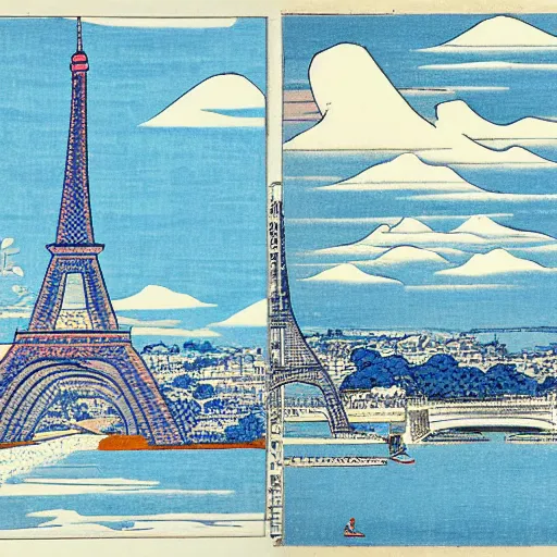 Image similar to Paris with the Eiffel tower with a blue sky in Hokusai style