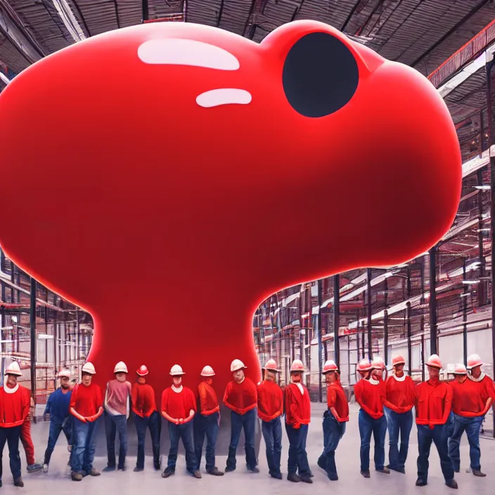 Prompt: crew of workers in red overalls building giant mickey mouse head in warehouse, octane render, 4 k ultra hd, hyper - detailed, realistic, low lighting, sharp focus, in style of beeple