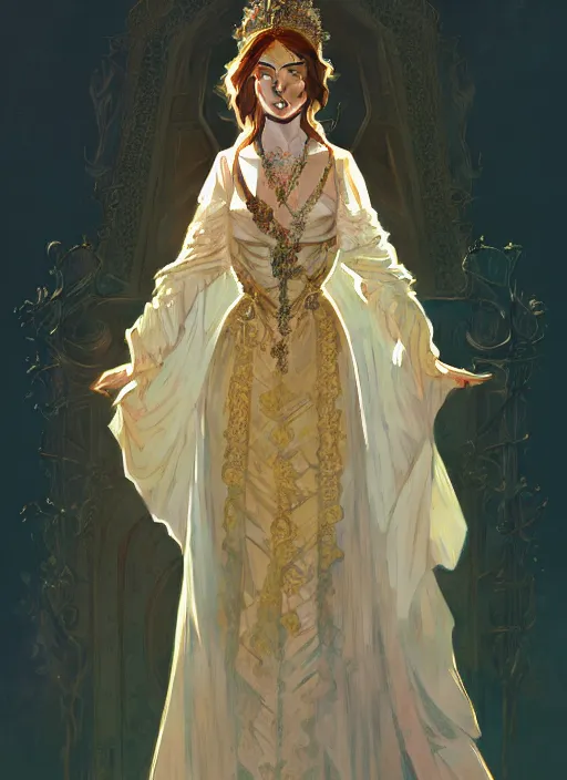 Image similar to portrait of a full body of beautiful female princess, d & d, baroque dress, flat lighting, intricate, highly detailed, digital painting, artstation, concept art, smooth, sharp focus, illustration, art by simon bisley and greg rutkowski and alphonse mucha, natural tpose