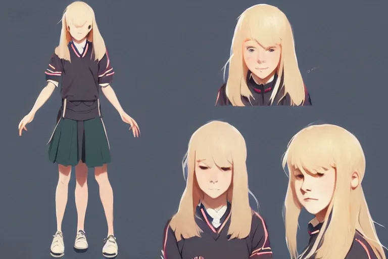 Image similar to character sheet of cute jk female high school student, blonde hair, by greg rutkowski and studio ghibli, digital art, trending on artstation, highly detailed, concept art, beautiful, masterpiece