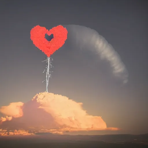 Image similar to a cloud in the shape of a heart from a nuclear explosion, people in foreground are kissing, sports photography, 8k, cinematic lighting, professional photograph