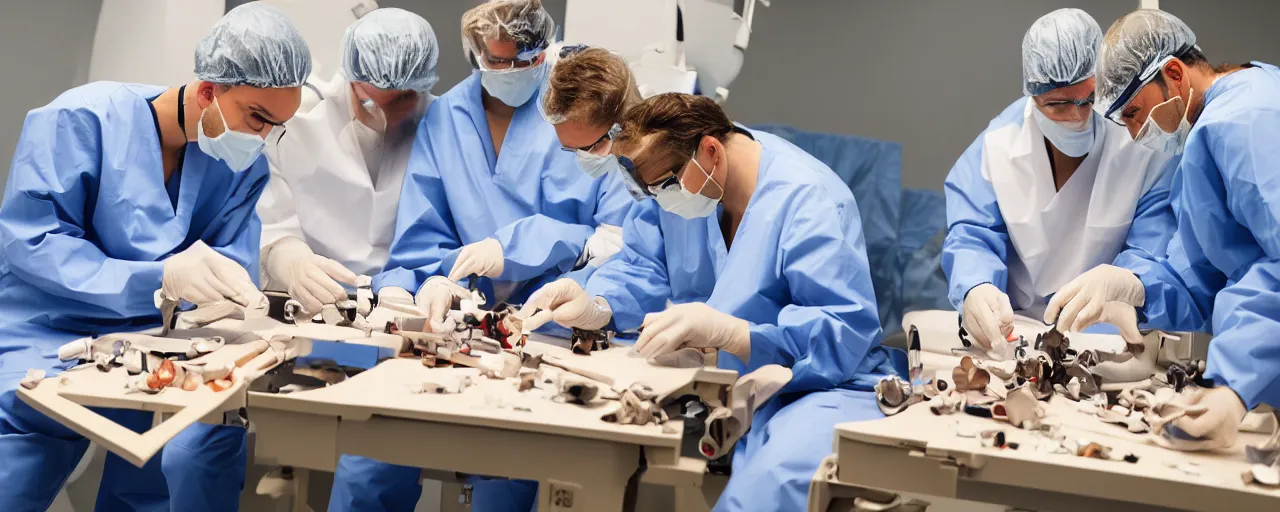 Prompt: three surgeons performing an operation on a jigsaw puzzle on an operating table, 16k, ultra realistic