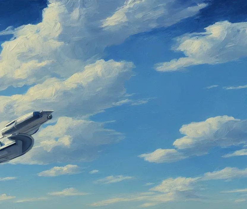 Prompt: a very detailed painting of a spaceship in the sky, spaceship in the style of shaun williams on artstation, baby blue sky with very aesthetic clouds, in the style of edward hopper and huggo pondz, very fine brushstrokes, 4 k,