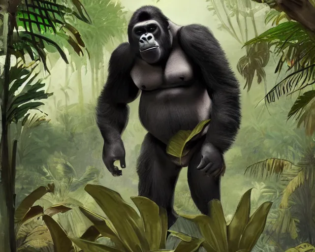 Image similar to a gorilla playing volleyball in a jungle, in the style of greg rutkowski