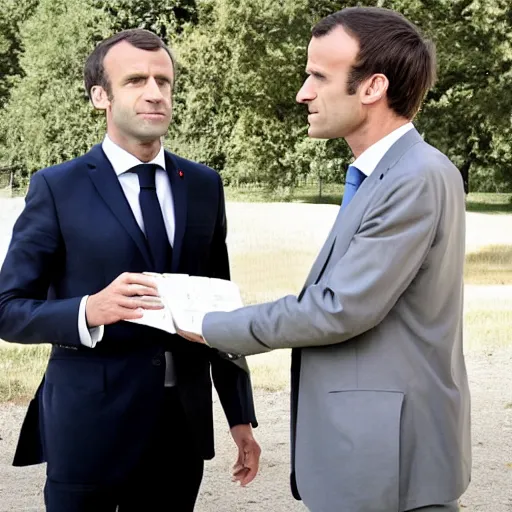 Prompt: Emmanuel Macron giving a briefcase of money to Walter White in Breaking Bad