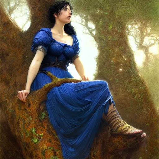 Image similar to portrait of a strong woman resting on a large tree, short black hair, decorative dark blue clothing, bare legs sharp focus, ultra realistic digital painting, colorful, cinematic lighting, high fantasy, intricate, highly detailed, smooth, elegant, gaston bussiere, bayard wu, greg rutkowski