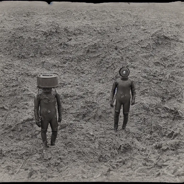 Prompt: A daguerreotype photo of mark V deep sea diving suit standing on a WWI battlefield, mud, craters, dead trees, desolate, smoky