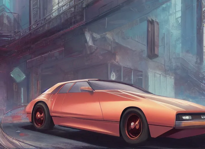 Image similar to wide view shot of a copper colored car, designed by dmc and gmc, concept art style by john berky and liam wong and michael whelan.