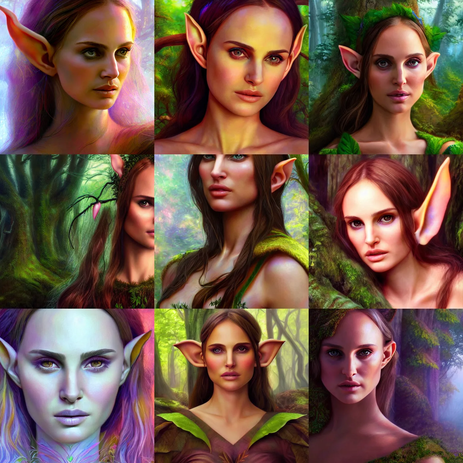 Prompt: forest elf girl (model: Natalie Portman), ethereal, colorful, portrait, fantasy, artstation, 4k, highly detailed, photorealism, by Larry Elmore