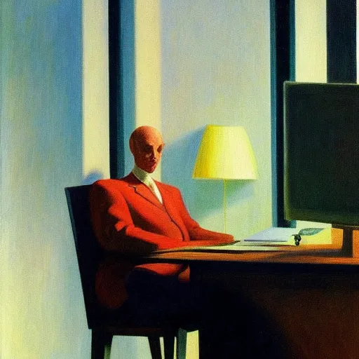 Image similar to a surreal figure sitting at his desk in an office, in a nightmare, by Edward Hopper, highly detailed,