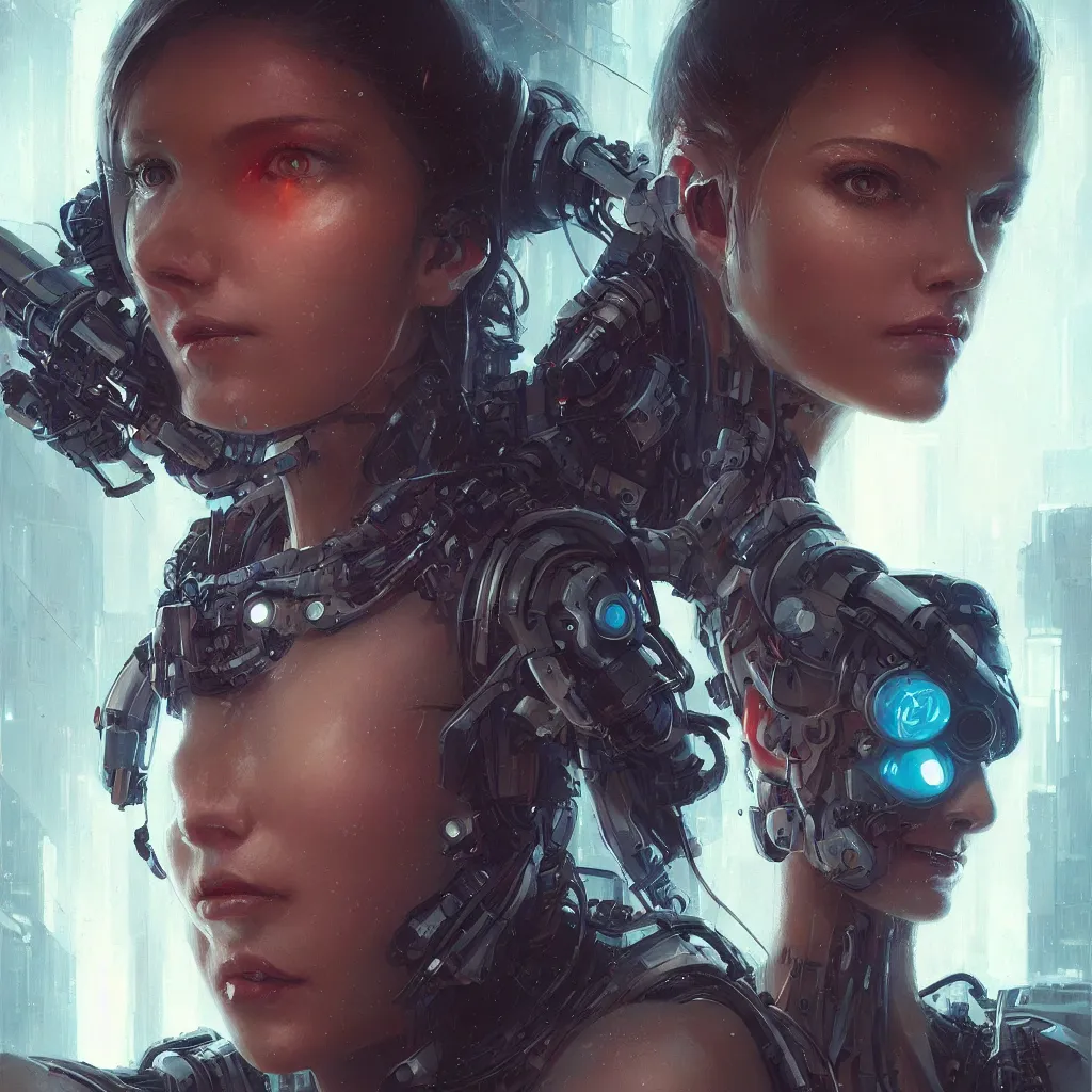 Prompt: portrait of a cyberpunk beautiful young woman by Greg Rutkowski, close-up,biomechanical, very highly detailed, futuristic, digital engine, cinematic, 8k,luminous, Blade Runner mood